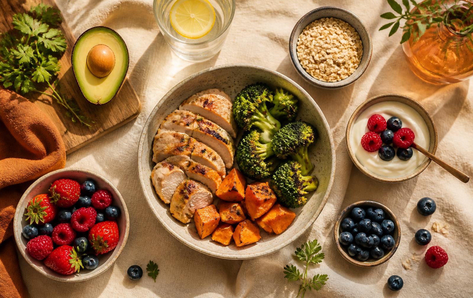 Prato equilibrado com frango grelhado, brócolis, batata-doce, frutas e iogurte
