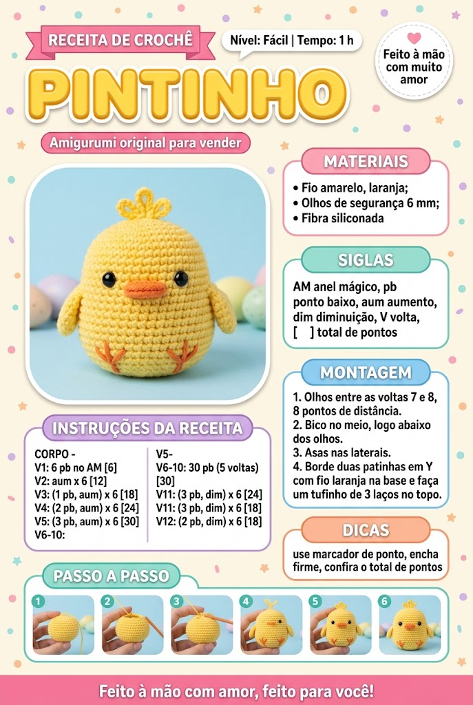 Receita completa: Pintinho, com materiais e passo a passo