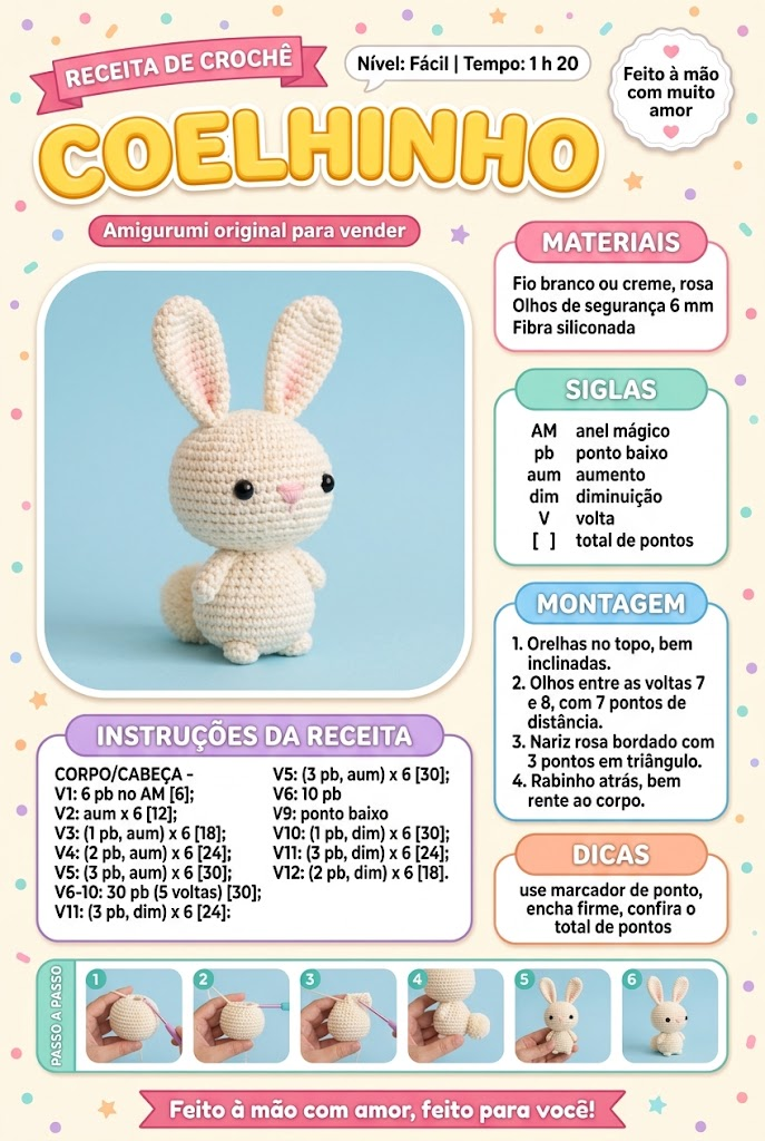 Receita completa: Coelhinho, com materiais e passo a passo