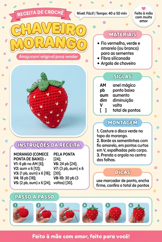 Receita completa: Chaveiro morango, com materiais e passo a passo