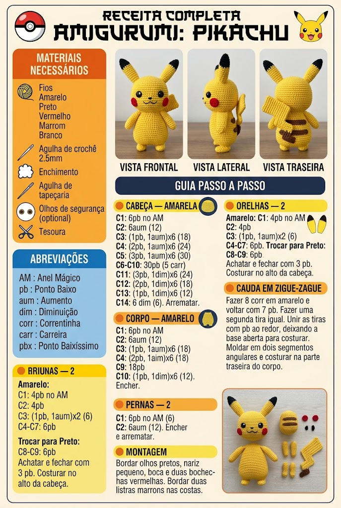 Receita completa de Pikachu, com materiais e passo a passo