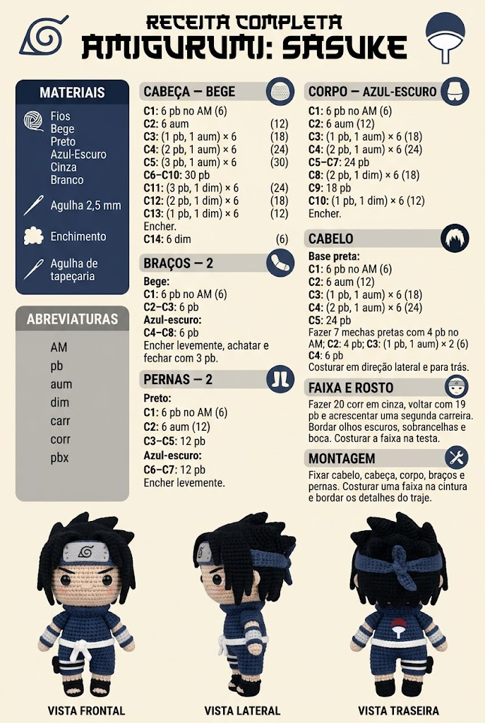 Receita completa de Sasuke, com materiais e passo a passo